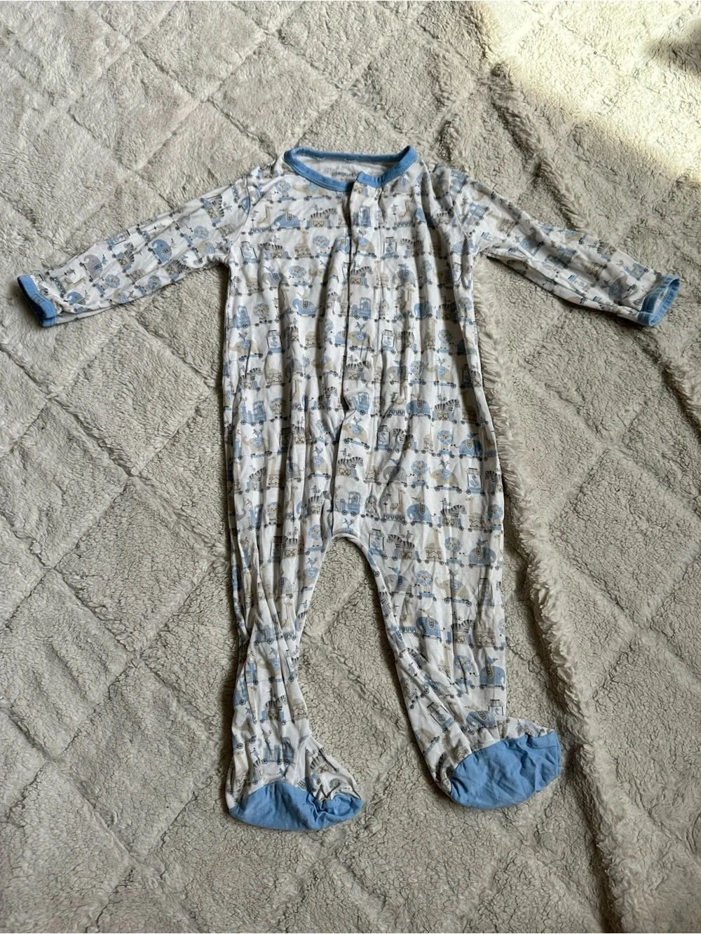Magnetic Me | Blue and White Taj Express Footie | Size 6-9 months